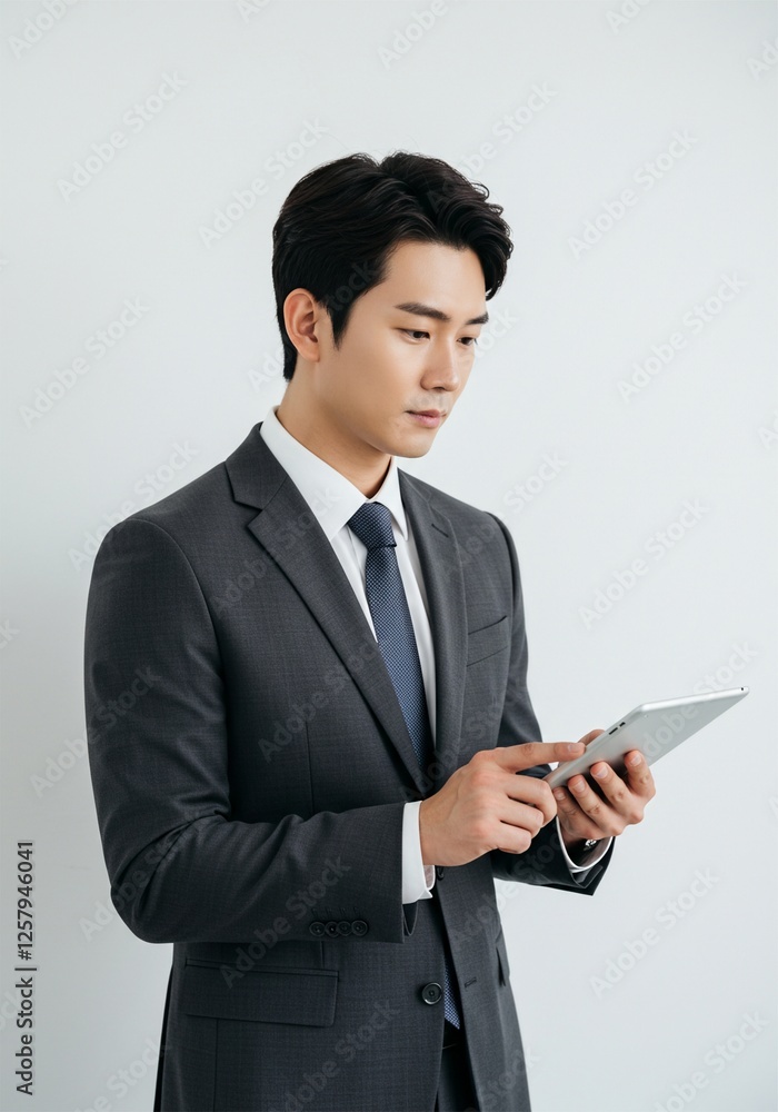 Photo of asian man business manager good and positive mood holding digital e-book tablet reading company report formal wear shirt blazer luxury suit white color background Photo of asian man business manager good and positive mood holding digital e-book tablet reading company report formal wear shirt blazer luxury suit white color background