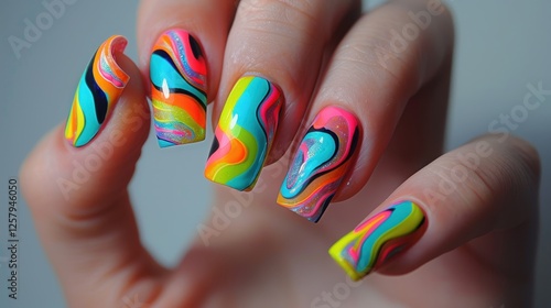 Wallpaper Mural Colorful and artistic nail design showcasing vibrant swirls and patterns on manicured nails. Torontodigital.ca