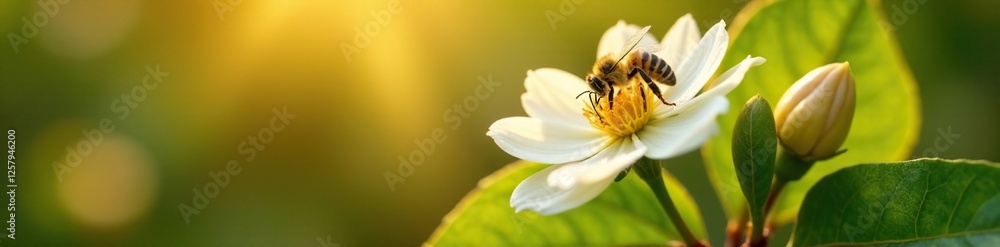 Bee collecting nectar from Robusta coffee blossom in warm sunlight, green leaves, white stamens Bee collecting nectar from Robusta coffee blossom in warm sunlight, green leaves, white stamens