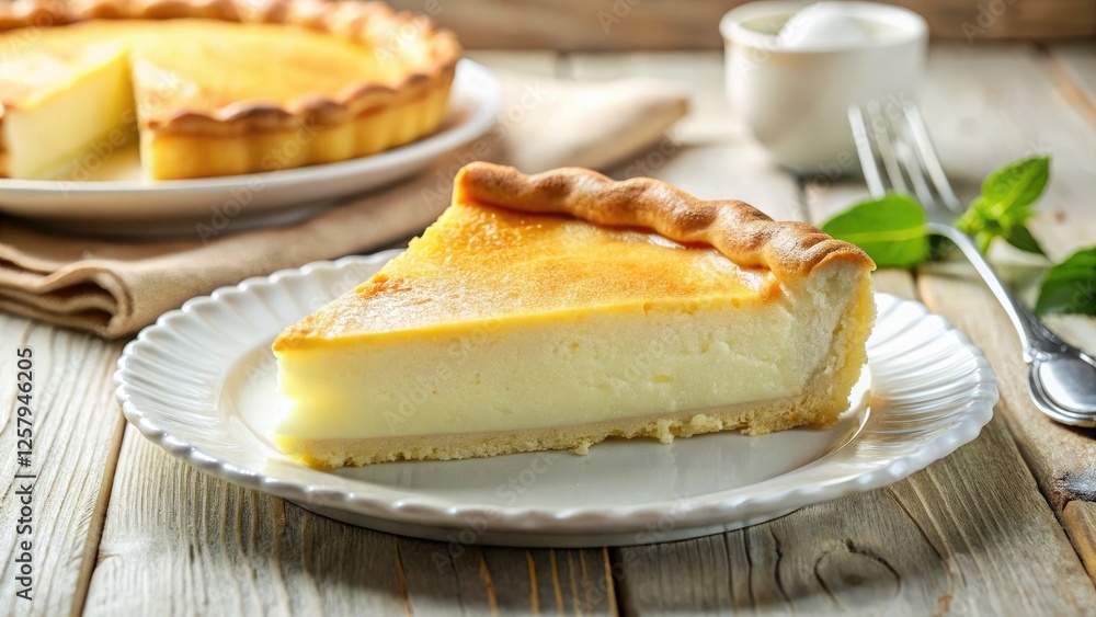 Creamy buttermilk pie, a Southern delight, elegantly presented on rustic linen. Creamy buttermilk pie, a Southern delight, elegantly presented on rustic linen.