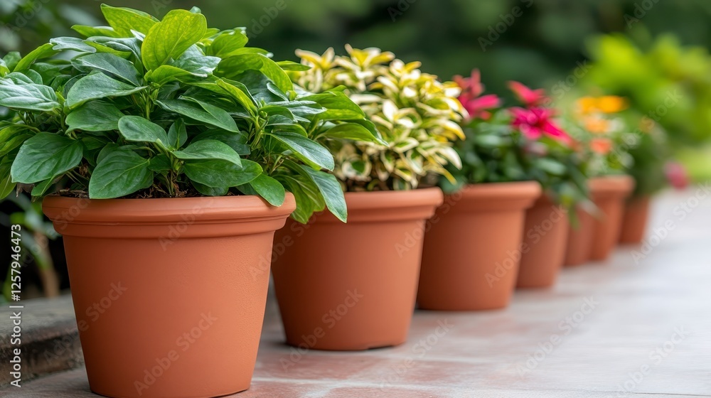 A row of terracotta pots holding various plants, including leafy greens, variegated foliage, and colorful flowers, arranged on a light beige outdoor A row of terracotta pots holding various plants, including leafy greens, variegated foliage, and colorful flowers, arranged on a light beige outdoor