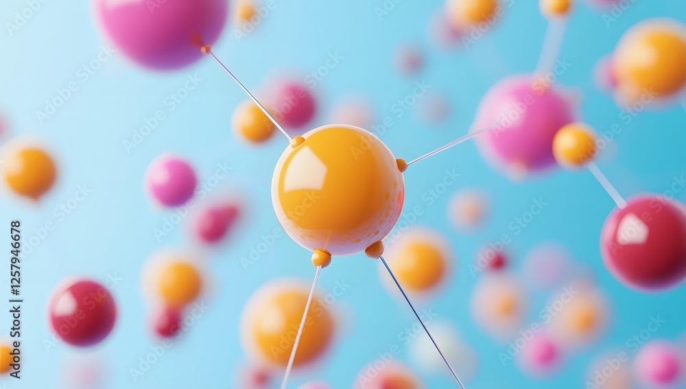 Colorful spheres connected by lines in a soft light blue background Colorful spheres connected by lines in a soft light blue background