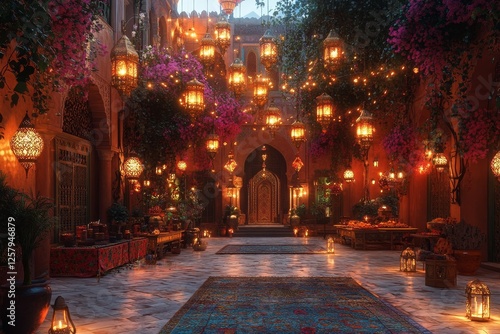 Illuminated Courtyard, Arabian Nights Setting, Festive Gathering