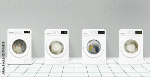 Washing machine in laundromat. The laundry is washed in washing machines in the laundry room