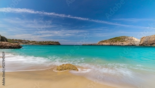 playa pariadisaca de arena fina dorada, con aguas cristalinas y cielo azul, concepto de postal de viaje photo