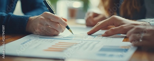financial investor advisory.  Close up hand pointing at contract and document while sitting together with young couple at the desk in office