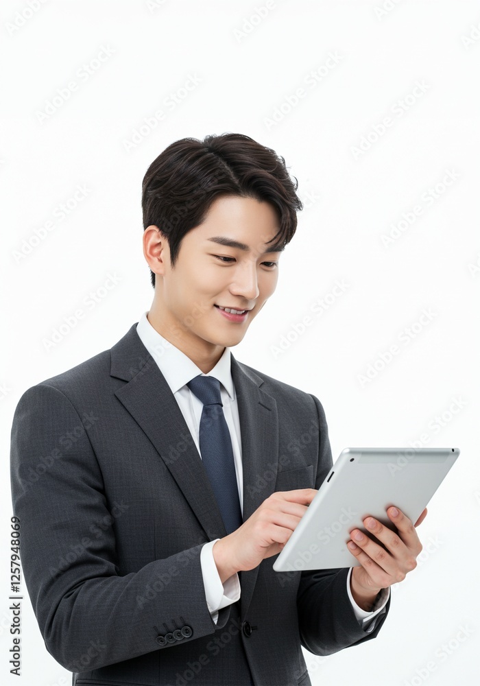 Photo of asian man business manager good and positive mood holding digital e-book tablet reading company report formal wear shirt blazer luxury suit white color background Photo of asian man business manager good and positive mood holding digital e-book tablet reading company report formal wear shirt blazer luxury suit white color background