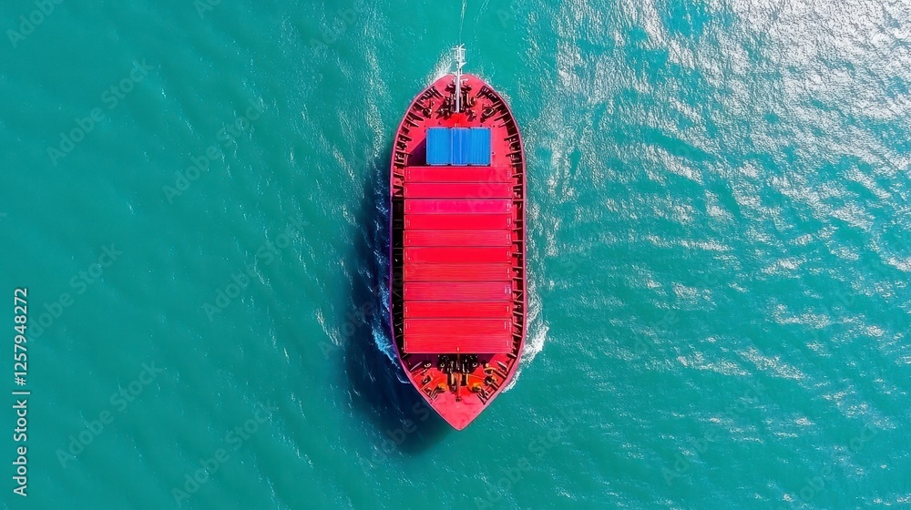 High angle full shot of a red cargo ship navigating calm teal water, sunlit, smooth water surface, red cargo containers clearly visible, ship hull High angle full shot of a red cargo ship navigating calm teal water, sunlit, smooth water surface, red cargo containers clearly visible, ship hull