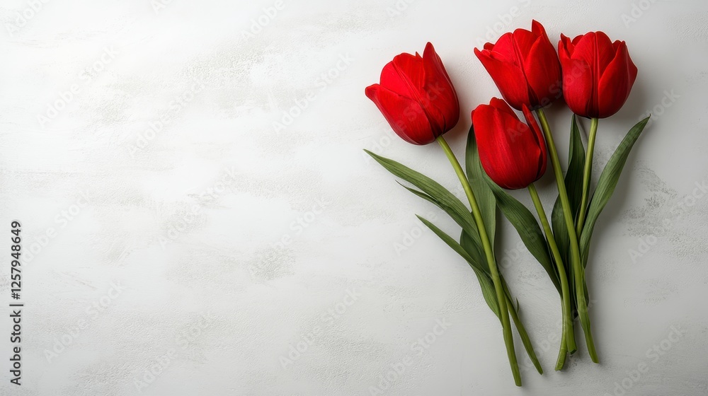 Four red tulips with water droplets, arranged on a light gray textured background, showcasing soft lighting and a minimalist floral arrangement Four red tulips with water droplets, arranged on a light gray textured background, showcasing soft lighting and a minimalist floral arrangement