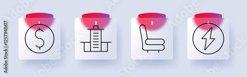 Finance and infrastructure set icon. Currency, bank building, armchair, electricity, economy, energy, banking, investment