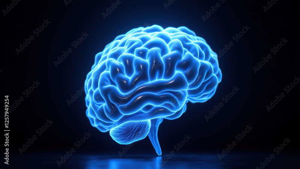 A glowing, 3D rendering of a human brain on a dark background.