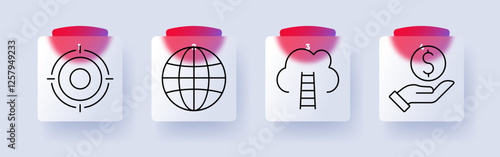 Business and finance set icon. Target focus, globe, cloud ladder, financial hand, investment, global strategy, economic growth, success