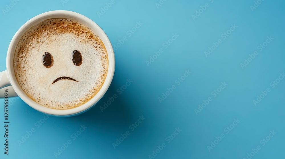 Close up of a coffee cup with a sad face drawn in the foam, on a light blue background. The image conveys a feeling of disappointment or Close up of a coffee cup with a sad face drawn in the foam, on a light blue background. The image conveys a feeling of disappointment or
