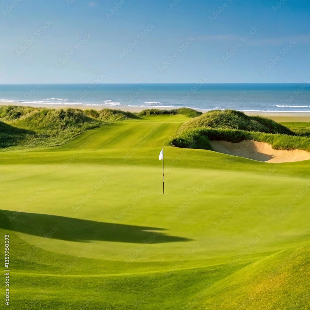 golf course on the beach, Beautiful golf course,A beautifully maintained golf course featuring a flag on the green, surrounded by sand bunkers and grassy dunes, with the serene ocean horizon in the di golf course on the beach, Beautiful golf course,A beautifully maintained golf course featuring a flag on the green, surrounded by sand bunkers and grassy dunes, with the serene ocean horizon in the di