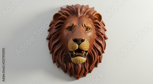 Carved Lion Head Sculpture Mounted on Wall in Studio Shot