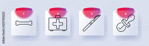 Health and wellness set icon. Bone, medical kit, surgery tool, baby pacifier, healthcare, emergency care, pediatric care, wellness, first aid