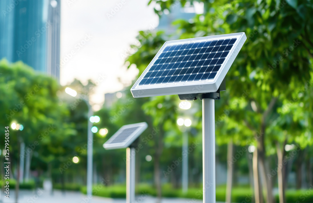 Fototapeta premium Solar-powered streetlights in a modern urban park, symbolizing sustainable technology and clean energy solutions.