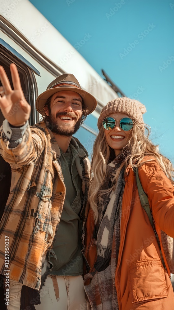 Fototapeta premium Smiling couple by campervan. Outdoor adventure! Happy travelers enjoy vanlife and explore on a sunny day.