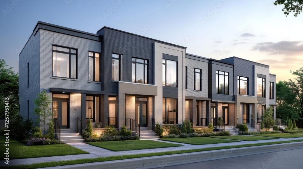 A row of modern townhouses with sleek architecture, large windows, and minimalist facades, warm sunlight casting soft shadows, clean landscaping with A row of modern townhouses with sleek architecture, large windows, and minimalist facades, warm sunlight casting soft shadows, clean landscaping with