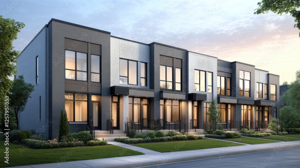 A row of modern townhouses with sleek architecture, large windows, and minimalist facades, warm sunlight casting soft shadows, clean landscaping A row of modern townhouses with sleek architecture, large windows, and minimalist facades, warm sunlight casting soft shadows, clean landscaping