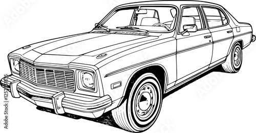 Abstract retro sports car in black and white ink drawing style, adult coloring book