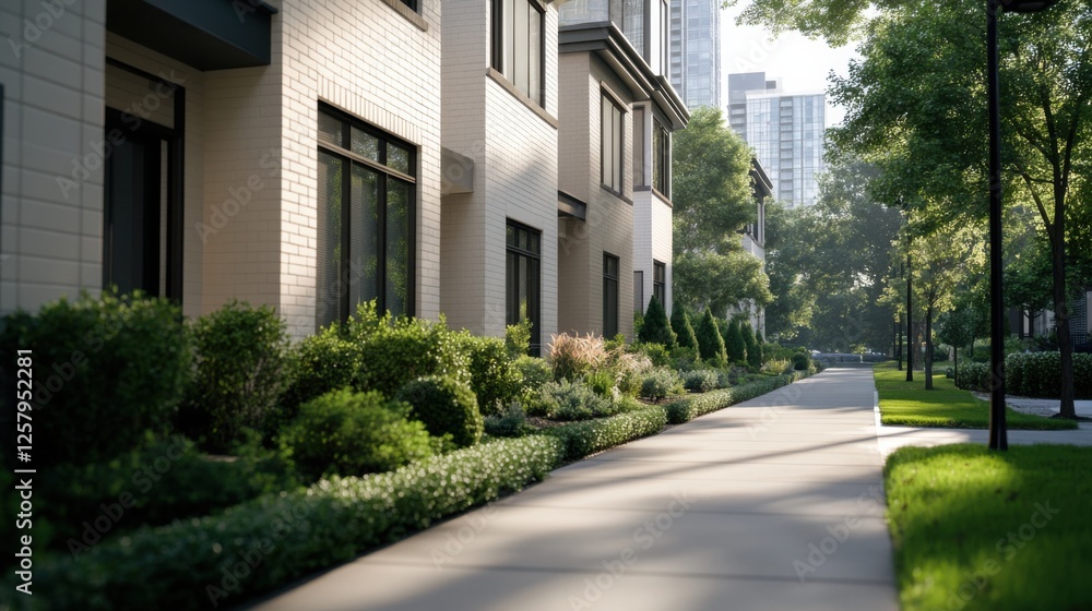 A row of modern townhouses with sleek architecture, large windows, and minimalist facades, warm sunlight casting soft shadows, clean landscaping A row of modern townhouses with sleek architecture, large windows, and minimalist facades, warm sunlight casting soft shadows, clean landscaping