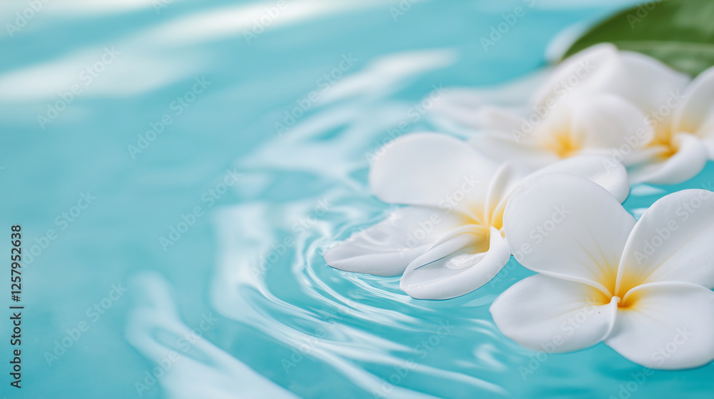 Delicate white jasmine flowers floating on a rippling blue water surface in soft sunlight. Delicate white jasmine flowers floating on a rippling blue water surface in soft sunlight.