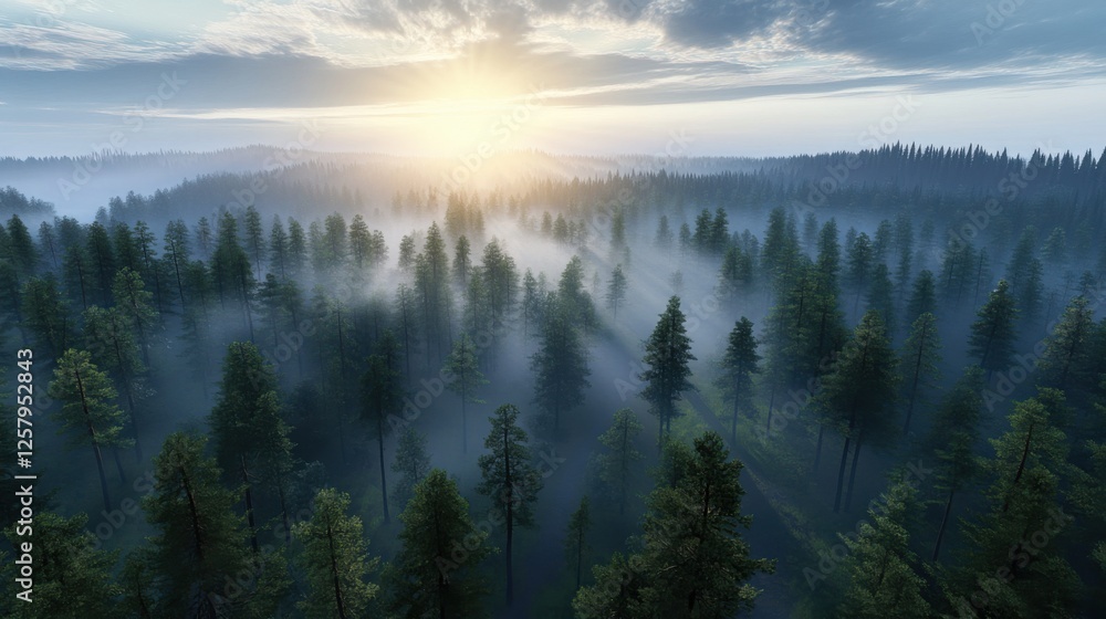 A scenic aerial view of a misty pine forest at sunrise, golden rays piercing through the dense tree canopy, a peaceful and refreshing atmosphere, ultra-detailed textures, hyper-realistic lighting A scenic aerial view of a misty pine forest at sunrise, golden rays piercing through the dense tree canopy, a peaceful and refreshing atmosphere, ultra-detailed textures, hyper-realistic lighting