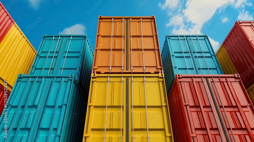 Fototapeta premium Stacked colorful shipping containers against a partly cloudy blue sky, low angle view, geometric shapes, vivid colors, digital illustration, 3d