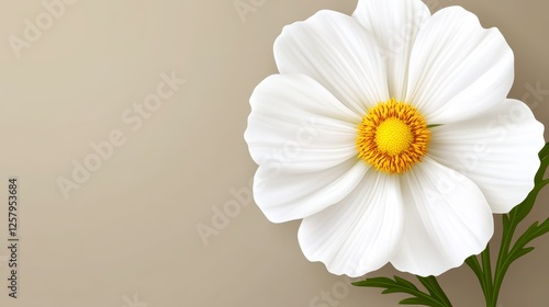 Close up of a stylized white flower with a yellow center against a light beige background. The flower petals are pixelated or graphic like. Soft