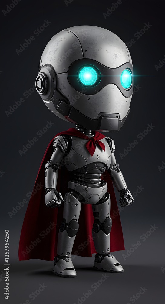 Small Robot Superhero – Futuristic AI Hero with Crimson Cloak Small Robot Superhero – Futuristic AI Hero with Crimson Cloak