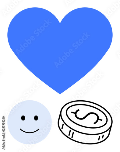 Blue heart, light blue smiling face, and black dollar coin. Ideal for love, happiness, emotional well-being, financial stability, positive affirmations charitable causes personal finance. Line