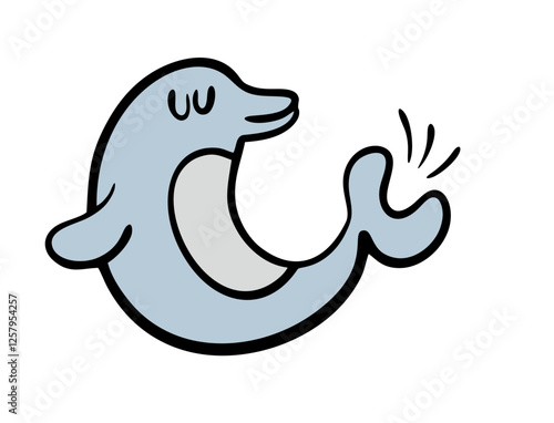 Marine animal splashes and plays in the sea. Vector illustration of a dolphin doing a trick in a zoo. A fish swims in the water. Isolated funny character on white background.