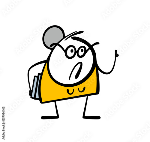 Strict elderly woman with glasses, grumbles and teaches how to live. Vector illustration of a teacher holding books and teaching a lesson at school. Gray hair, neat bun. Isolated funny character.