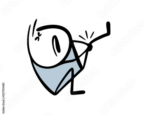 Poor Stickman fell and got injured. Vector illustration of a child sitting on the ground and holding onto a bruised leg. Fracture or dislocation of   limb. Isolated funny character on white.