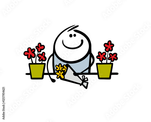Seller in the flower shop smiles and wraps the bouquet in paper. Vector illustration of holiday gift wrapping for Valentines day. Isolated funny character on white background.