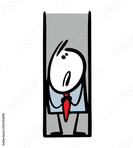 Poor businessman fell into a psychological trap. Vector illustration of a man sitting in a narrow hole and unable to get out. Struggle with complexes and fears. Isolated funny character on white.
