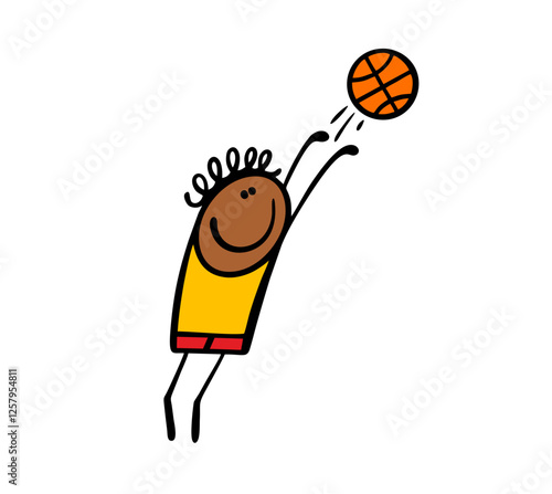 Tall, dark-skinned basketball player throws a ball into the basket. Vector illustration of a sports game on the street or in the gym. Young stickman jumps high. Isolated funny character on white.