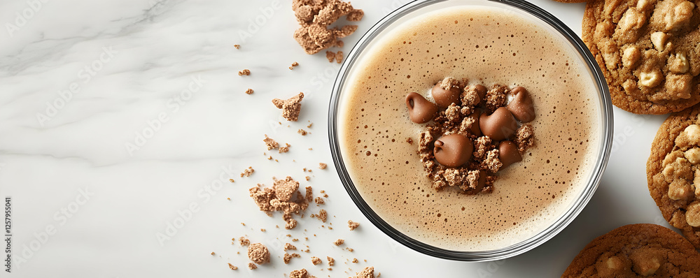 Creamy milkshake, cookies, marble. Dessert image Creamy milkshake, cookies, marble. Dessert image
