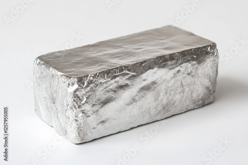 A rectangular block of shiny silver colored metal is depicted