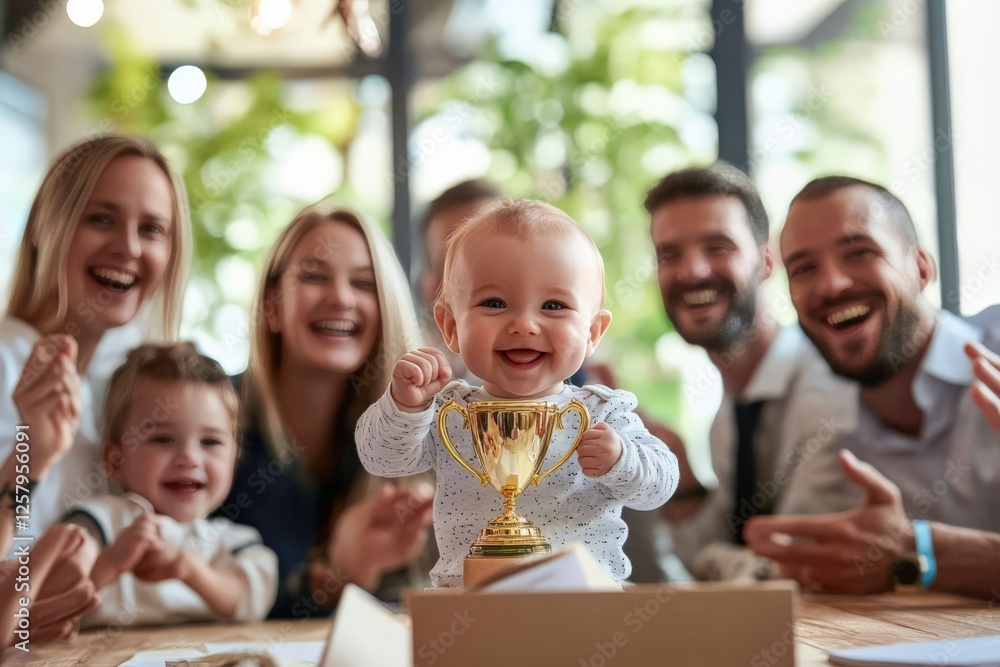 A business team celebrating a success with a baby holding a trophy, A business team celebrating a success with a baby holding a trophy,