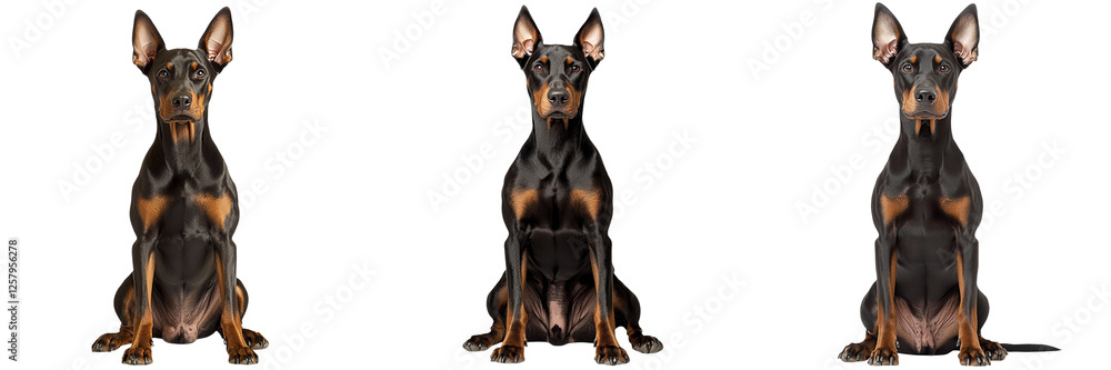 A trio of Doberman dogs displaying distinct poses, showcasing their sleek coats and attentive expressions. A trio of Doberman dogs displaying distinct poses, showcasing their sleek coats and attentive expressions.