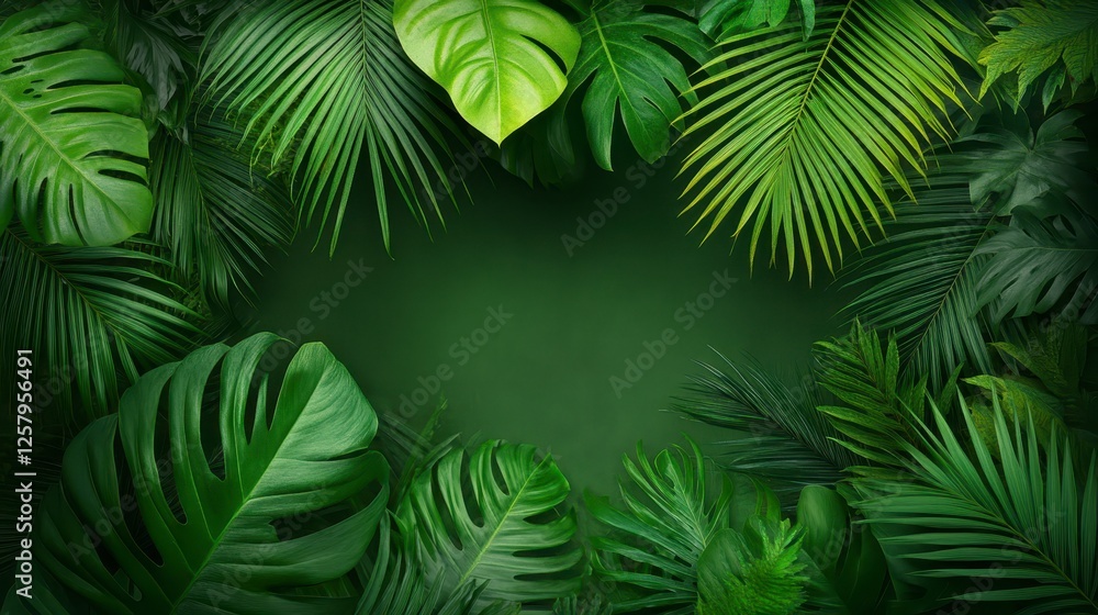 Dark green background framed by vibrant tropical leaves, including lush green palm and monstera leaves. Intense green tones dominate the image Dark green background framed by vibrant tropical leaves, including lush green palm and monstera leaves. Intense green tones dominate the image