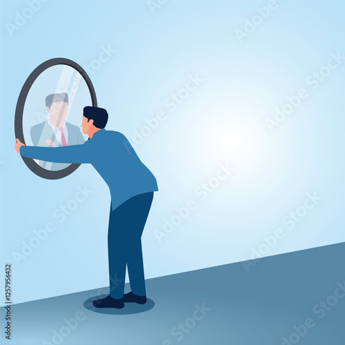 A man looking in the mirror. Illustration for fighting yourself, self-confidence and being positive.
