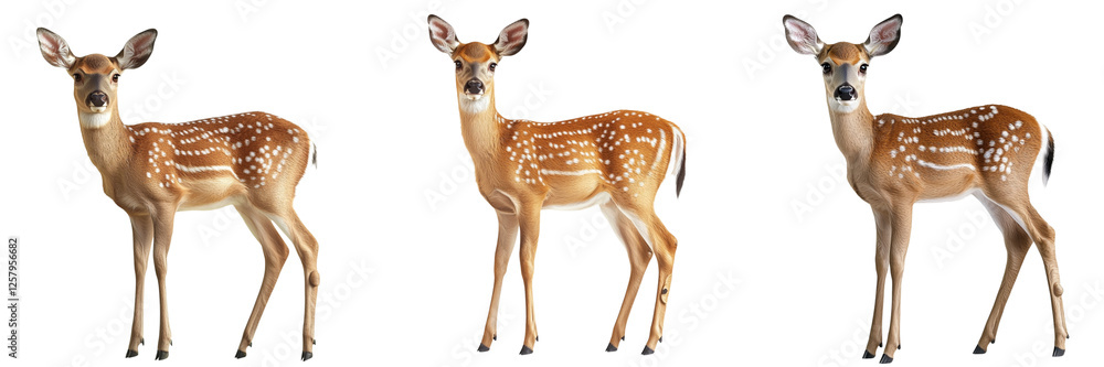 Three young deer stand elegantly in different poses, showcasing their spotted coats and delicate features. Three young deer stand elegantly in different poses, showcasing their spotted coats and delicate features.