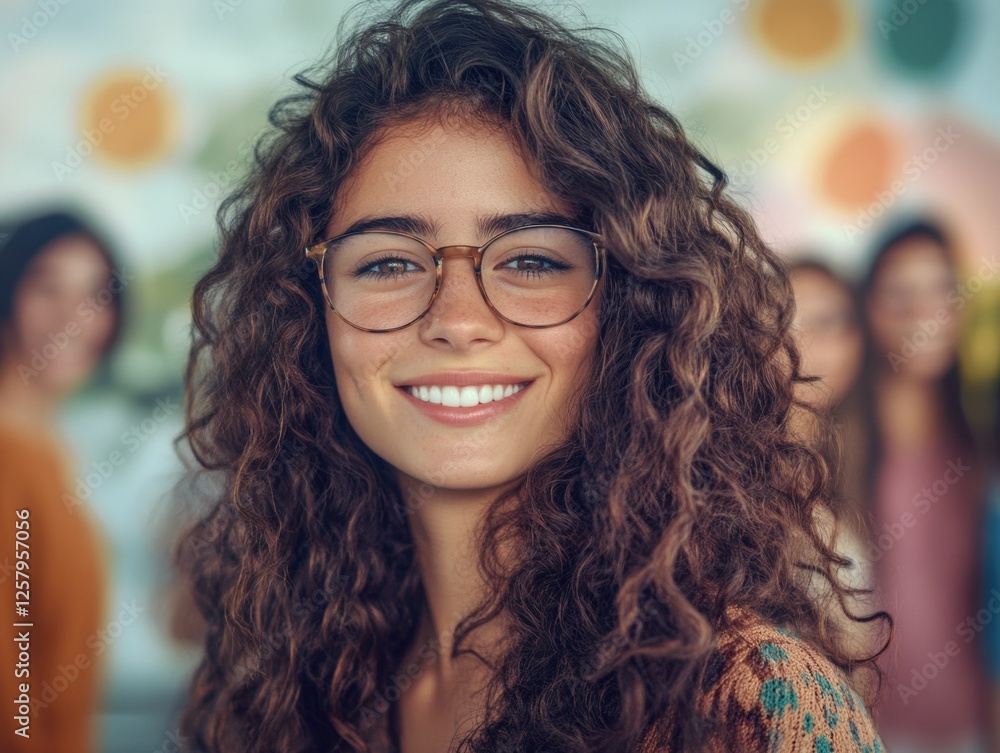 Woman with Glasses Smiling with Group Woman with Glasses Smiling with Group