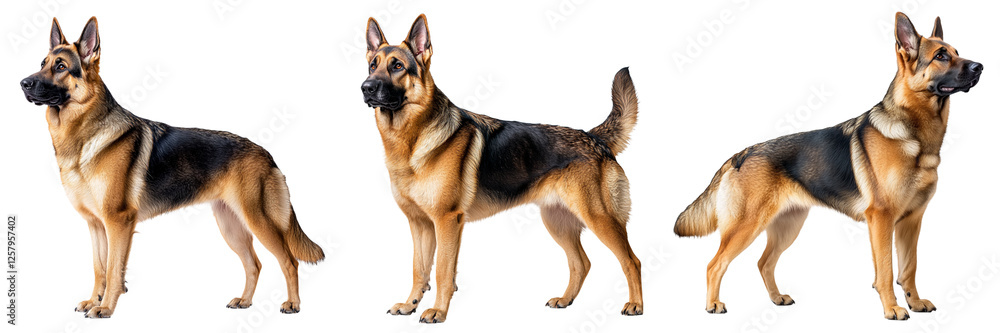 A German Shepherd standing in three different poses, showcasing its strong build, alert demeanor, and distinctive coat pattern. A German Shepherd standing in three different poses, showcasing its strong build, alert demeanor, and distinctive coat pattern.