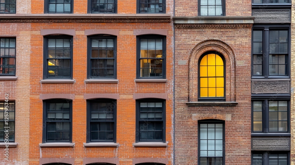 Urban brick building facade with multiple windows, showcasing a mixture of dark and light brown brickwork and black window frames. A prominent yellow Urban brick building facade with multiple windows, showcasing a mixture of dark and light brown brickwork and black window frames. A prominent yellow