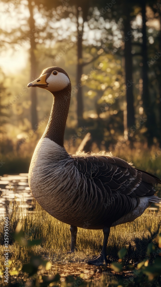 a goose in its natural habitat, standing near a wetland, with sunlight reflecting off the birds glossy feathers. The soft background of distant trees a goose in its natural habitat, standing near a wetland, with sunlight reflecting off the birds glossy feathers. The soft background of distant trees