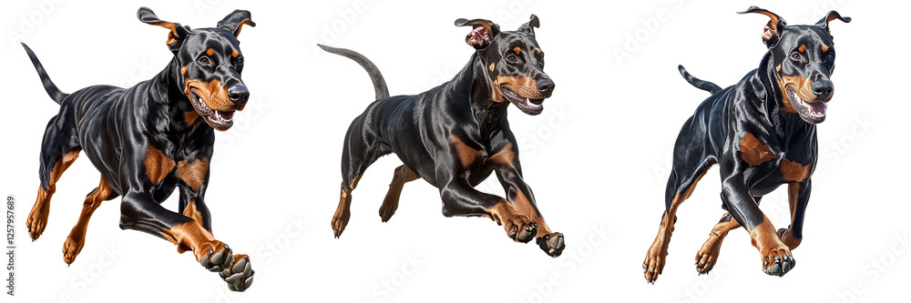 A trio of active Doberman dogs captured mid-run, showcasing their athleticism and powerful build. A trio of active Doberman dogs captured mid-run, showcasing their athleticism and powerful build.